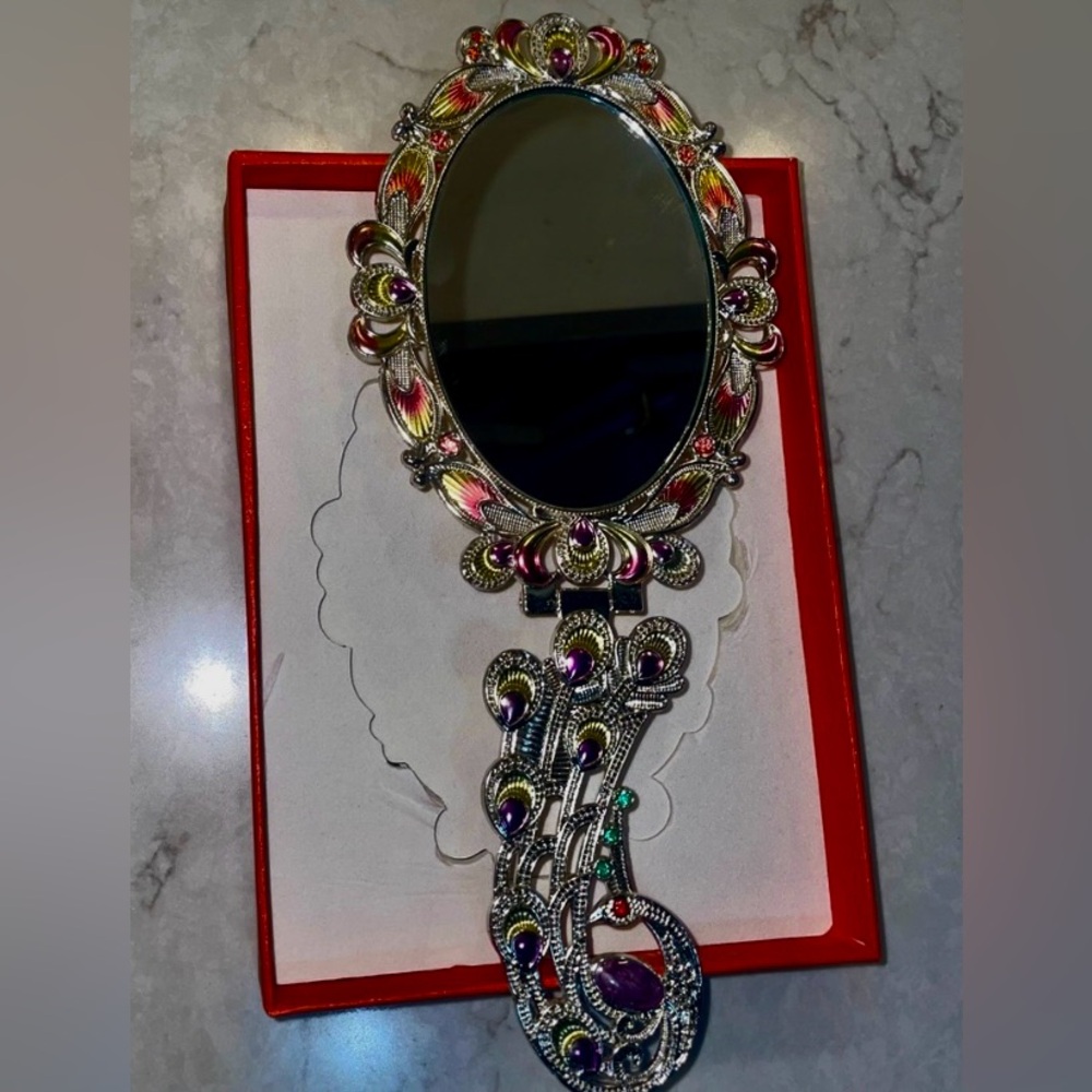 Multi Color Austrian Crystal, Pink and Yellow Chroma Flower Hand Mirror